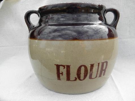 photo of vintage Monmouth - Western pottery, old stoneware crock jar lettered Flour #1