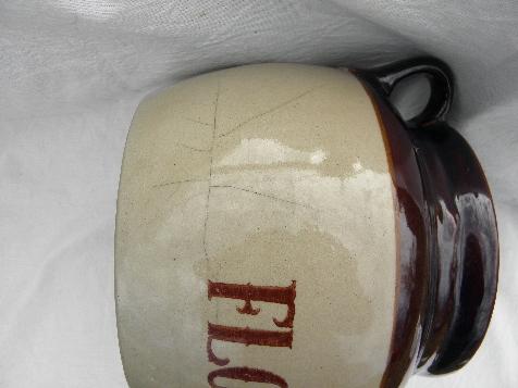 photo of vintage Monmouth - Western pottery, old stoneware crock jar lettered Flour #4