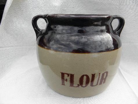 photo of vintage Monmouth - Western pottery, old stoneware crock jar lettered Flour #1