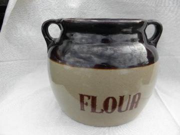 catalog photo of vintage Monmouth - Western pottery, old stoneware crock jar lettered Flour