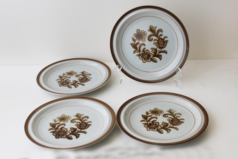 photo of vintage Monterrey Japan stoneware salad plates, heavy pottery w/ retro brown flowers #1