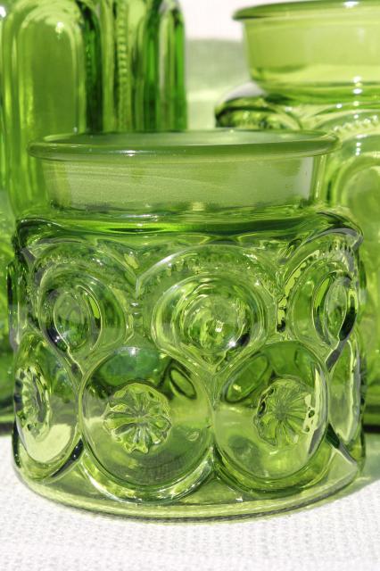 photo of vintage Moon & Stars green glass canister jars, flour, sugar, coffee, tea canisters #3