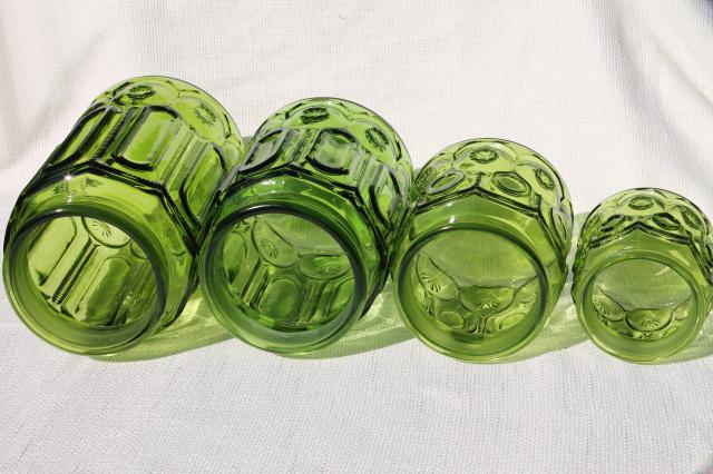 photo of vintage Moon & Stars green glass canister jars, flour, sugar, coffee, tea canisters #5