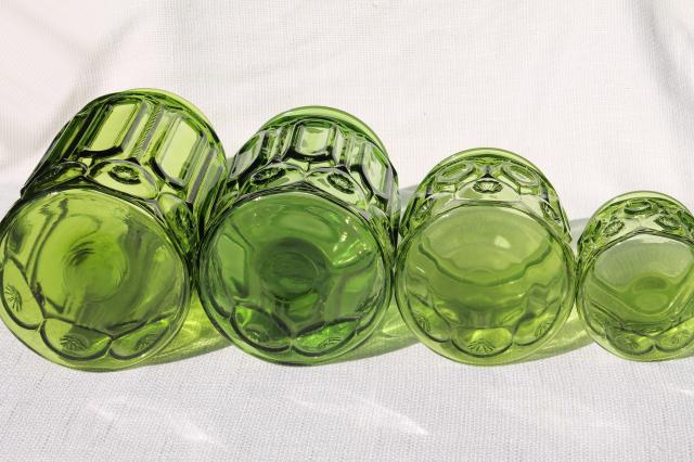 photo of vintage Moon & Stars green glass canister jars, flour, sugar, coffee, tea canisters #6