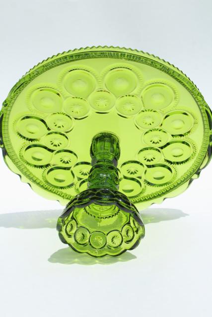 photo of vintage Moon & Stars pattern green glass cake stand, dessert pedestal plate #2