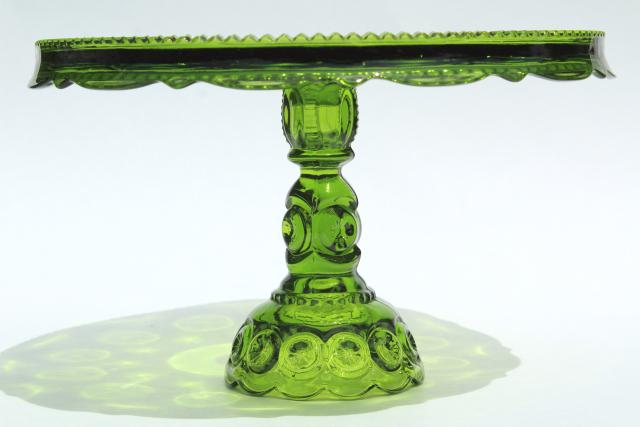 photo of vintage Moon & Stars pattern green glass cake stand, dessert pedestal plate #5