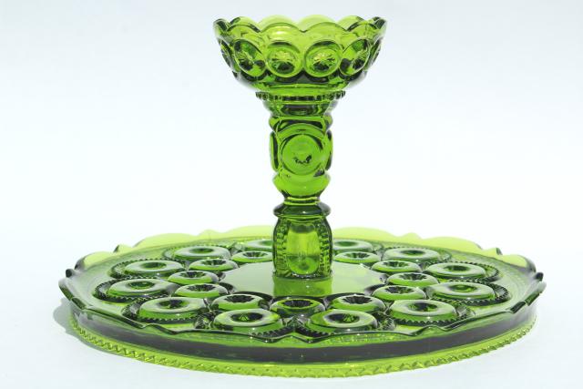 photo of vintage Moon & Stars pattern green glass cake stand, dessert pedestal plate #10