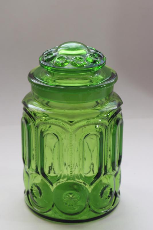 photo of vintage Moon and Stars pattern green glass canister, good replacement jar w/ chipped lid #1