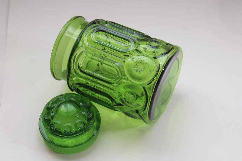 photo of vintage Moon and Stars pattern green glass canister, good replacement jar w/ chipped lid #6