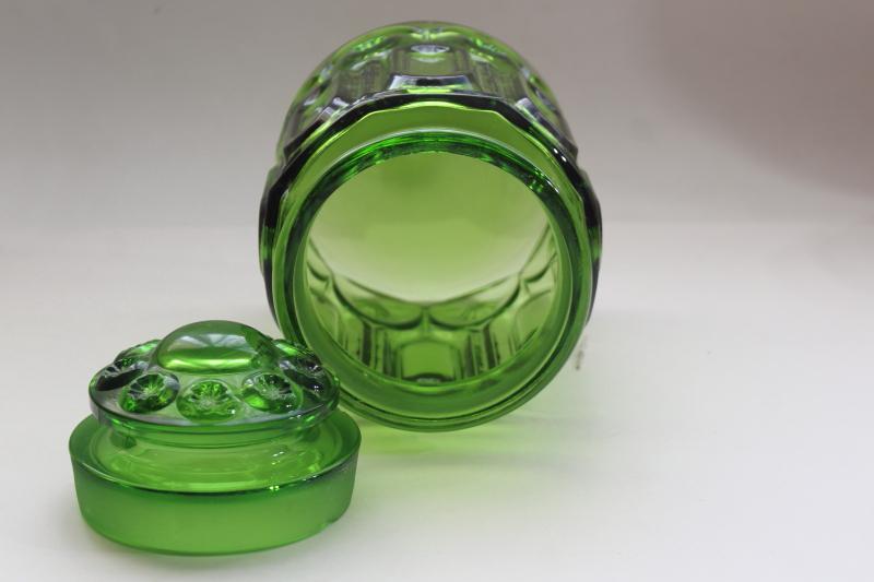photo of vintage Moon and Stars pattern green glass canister, good replacement jar w/ chipped lid #7