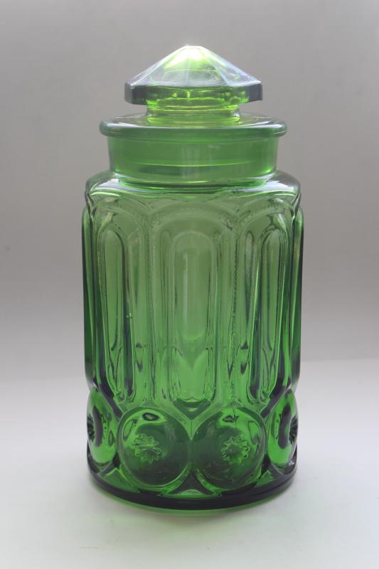 photo of vintage Moon and Stars pattern green glass cookie jar or large canister w/ lid #1