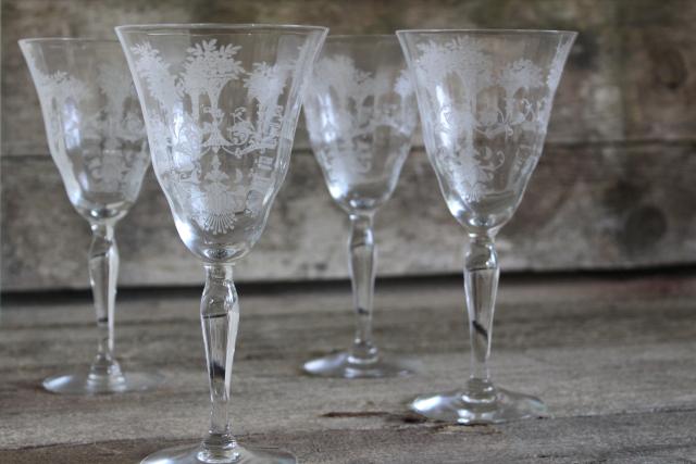 photo of vintage Morgantown Mayfair etched elegant glass goblets, large water or wine glasses #1