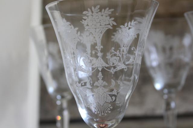 photo of vintage Morgantown Mayfair etched elegant glass goblets, large water or wine glasses #2