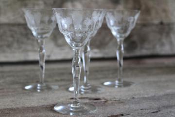 catalog photo of vintage Morgantown Mayfair etched elegant glass stemware, wine glasses or cocktails