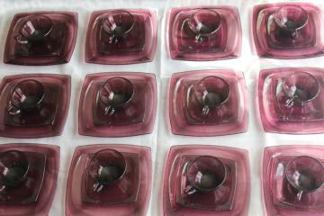 catalog photo of vintage Moroccan amethyst dishes for 12, plum colored glass luncheon plates, cups & saucers