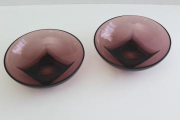 vintage Moroccan amethyst glass, Hazel Atlas Colony square bottom round bowls