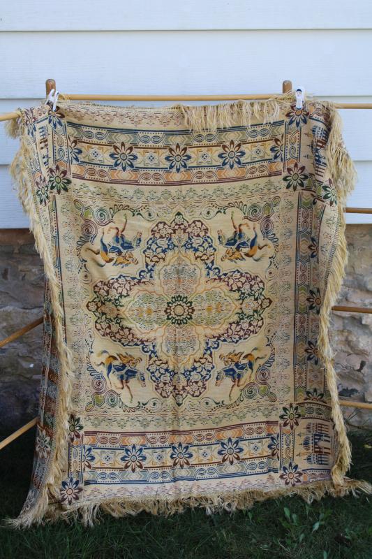 photo of vintage Morocco design cotton rayon tapestry fringed table cover cloth made in Italy #1