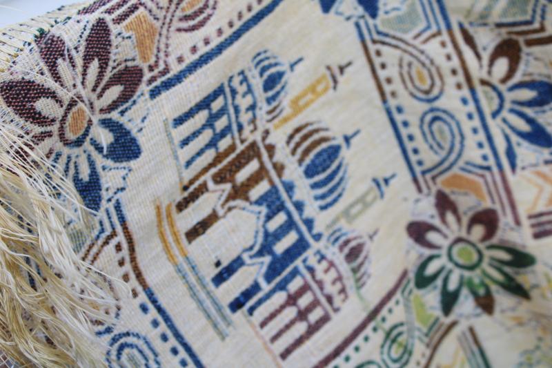 photo of vintage Morocco design cotton rayon tapestry fringed table cover cloth made in Italy #2