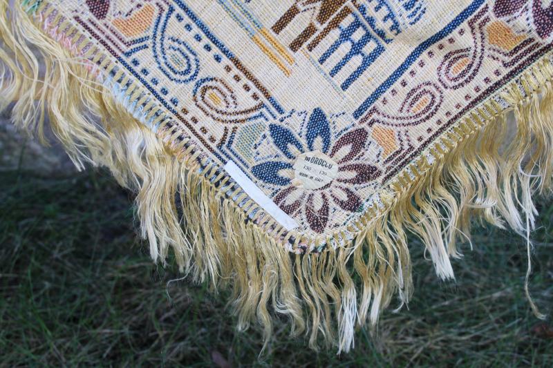 photo of vintage Morocco design cotton rayon tapestry fringed table cover cloth made in Italy #7