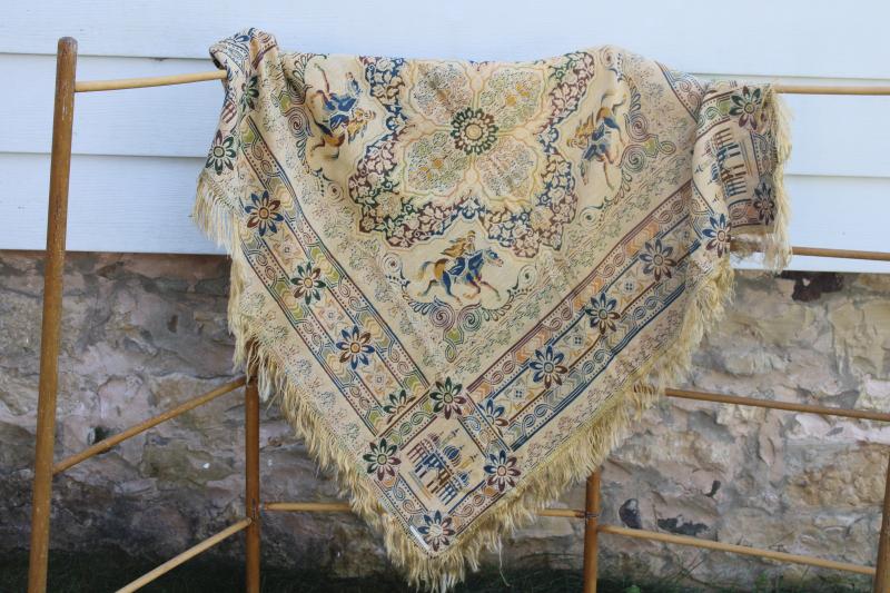 photo of vintage Morocco design cotton rayon tapestry fringed table cover cloth made in Italy #8