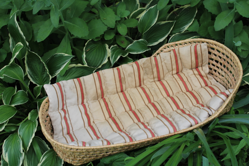 photo of vintage Moses basket baby bed w/ old striped cotton ticking mattress, primitive decor  #2