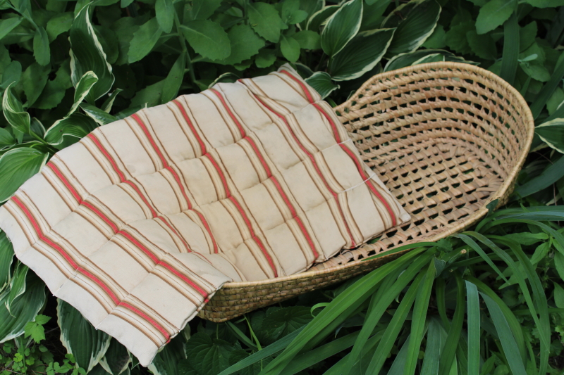 photo of vintage Moses basket baby bed w/ old striped cotton ticking mattress, primitive decor  #4