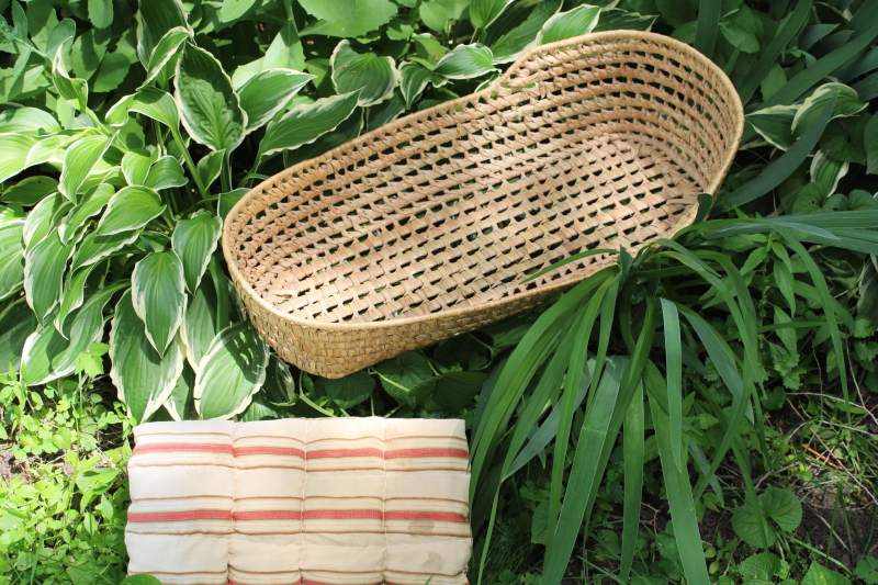 photo of vintage Moses basket baby bed w/ old striped cotton ticking mattress, primitive decor  #5