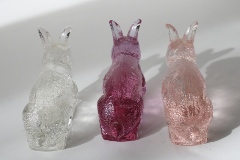 photo of vintage Mosser glass bunny rabbit figurines, rose pink, lavender, clear pressed glass  #2