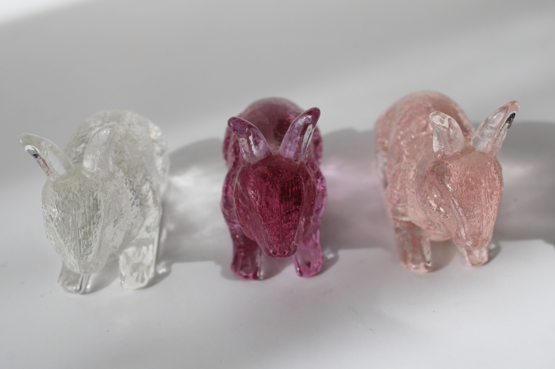 photo of vintage Mosser glass bunny rabbit figurines, rose pink, lavender, clear pressed glass  #3