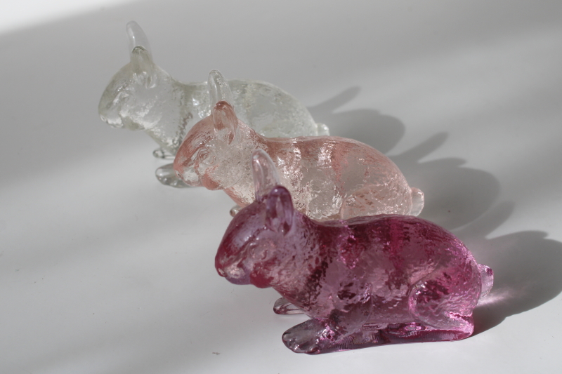 photo of vintage Mosser glass bunny rabbit figurines, rose pink, lavender, clear pressed glass  #4