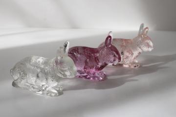 catalog photo of vintage Mosser glass bunny rabbit figurines, rose pink, lavender, clear pressed glass 