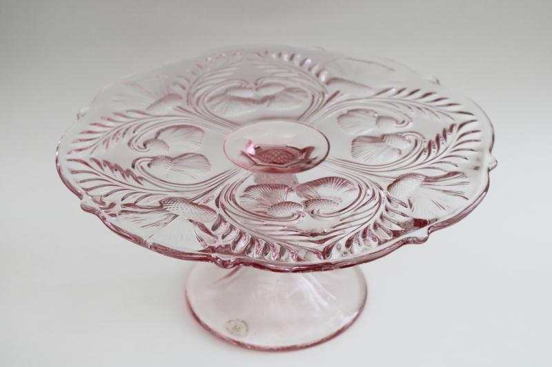 photo of vintage Mosser glass inverted thistle pattern pink glass cake stand pedestal plate #1