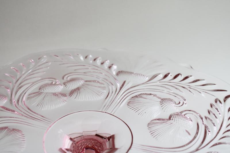 photo of vintage Mosser glass inverted thistle pattern pink glass cake stand pedestal plate #5