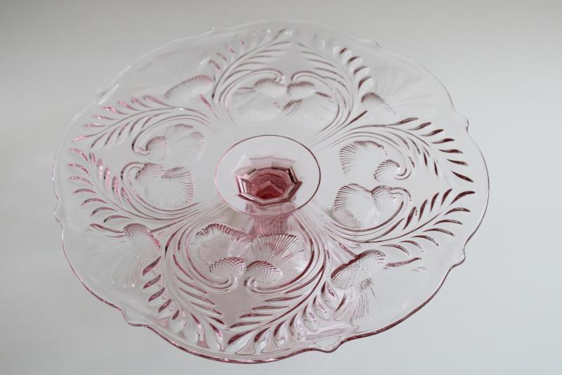 photo of vintage Mosser glass inverted thistle pattern pink glass cake stand pedestal plate #6