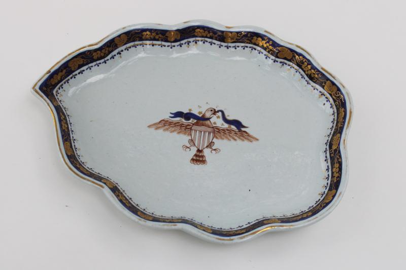 photo of vintage Mottahedeh leaf shape dish, brown Diplomatic Eagle w/ old incised mark #1