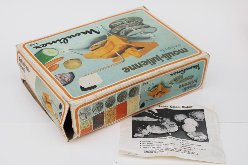 photo of vintage Moulinex #445 Mouli Julienne w/ discs, unused in original box, orange color! #2
