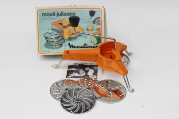 catalog photo of vintage Moulinex #445 Mouli Julienne w/ discs, unused in original box, orange color!