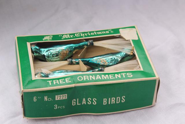 photo of vintage Mr Christmas blown glass birds clip on tree ornaments spun glass tails blue peacocks #2