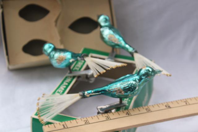 photo of vintage Mr Christmas blown glass birds clip on tree ornaments spun glass tails blue peacocks #8