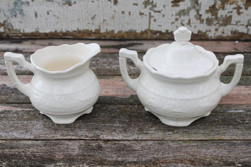 photo of vintage Mt Clemens Vogue cream and sugar set, creamware china w/ embossed birds border #1