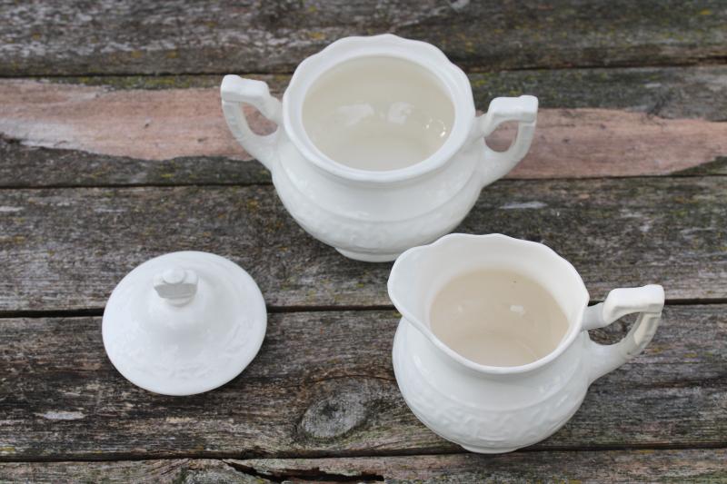 photo of vintage Mt Clemens Vogue cream and sugar set, creamware china w/ embossed birds border #2