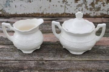 catalog photo of vintage Mt Clemens Vogue cream and sugar set, creamware china w/ embossed birds border