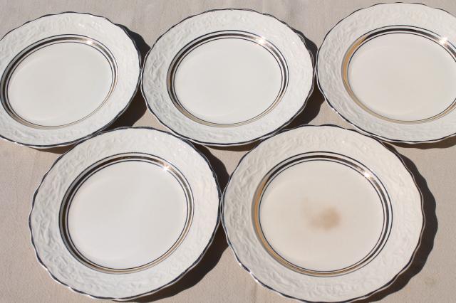 photo of vintage Mt Clemens pottery, Vogue china embossed creamware plates w/ platinum silver band #5