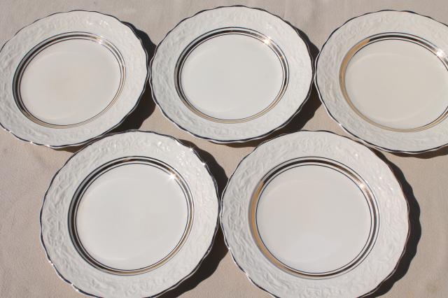 photo of vintage Mt Clemens pottery, Vogue china embossed creamware plates w/ platinum silver band #9