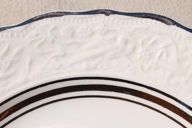 photo of vintage Mt Clemens pottery, Vogue china embossed creamware plates w/ platinum silver band #11