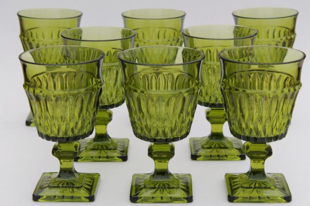 photo of vintage Mt Vernon Indiana glass wine glasses water goblets, avocado green Mount Vernon #1