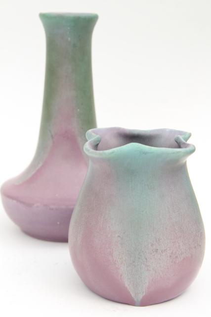 photo of vintage Muncie art pottery vases, pink-purple w/ green drip matte glaze #1