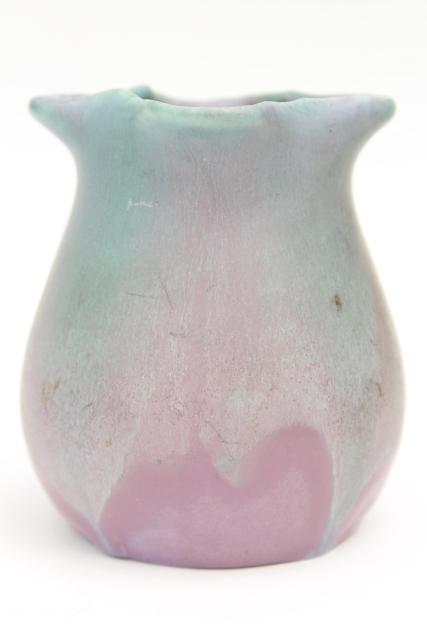 photo of vintage Muncie art pottery vases, pink-purple w/ green drip matte glaze #5