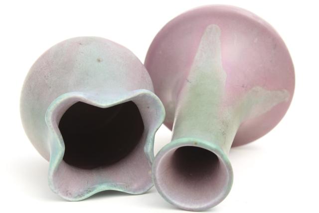 photo of vintage Muncie art pottery vases, pink-purple w/ green drip matte glaze #6