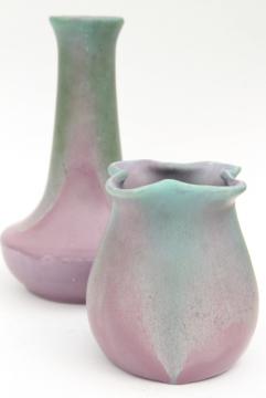 catalog photo of vintage Muncie art pottery vases, pink-purple w/ green drip matte glaze